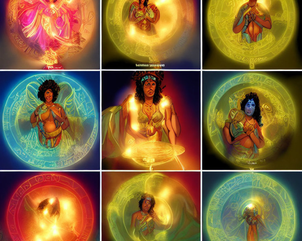 Colorful Mythical Woman in Nine Luminous Panels