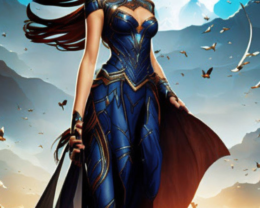 Female warrior in blue armor with sword, winged helmet, and feathers in sunset scene