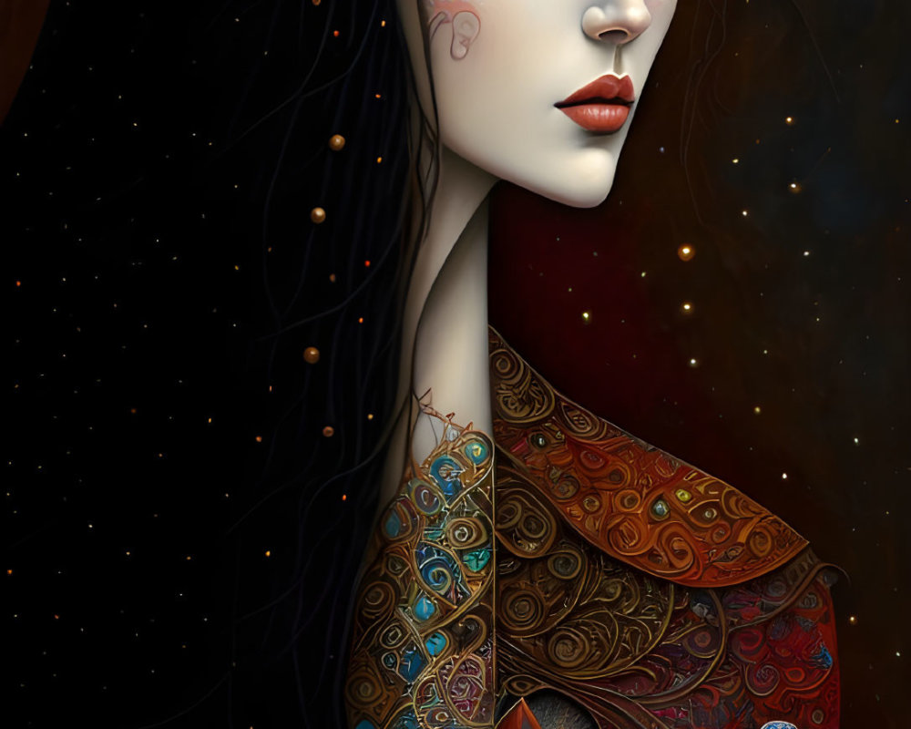 Illustrated portrait of a woman with pale skin, black hair, gold jewelry, and tattoos against cosmic