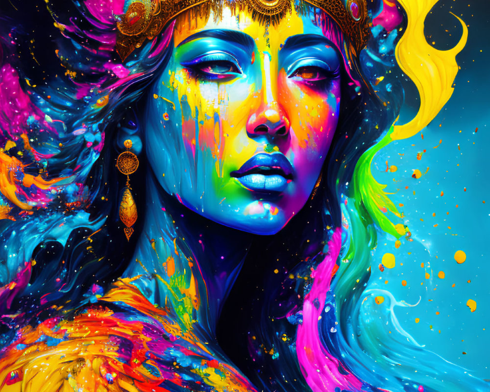 Colorful Abstract Portrait of Woman with Golden Head Jewelry