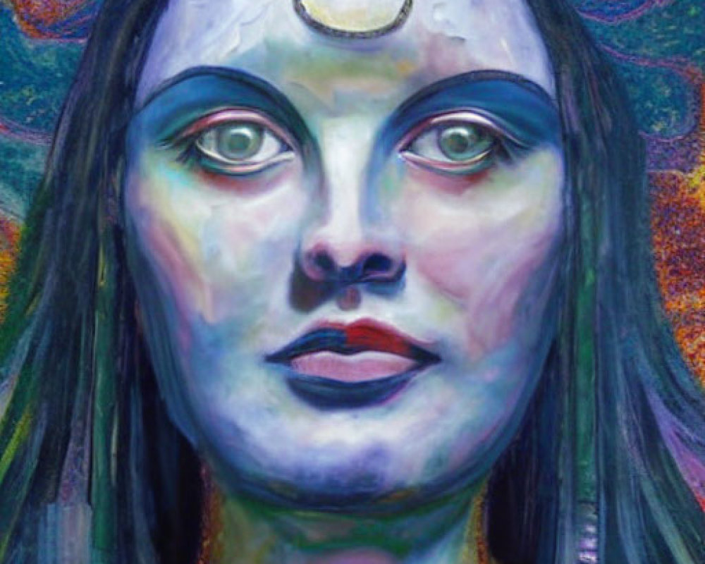 Vibrant painting of mystical woman with blue skin and moon symbol.