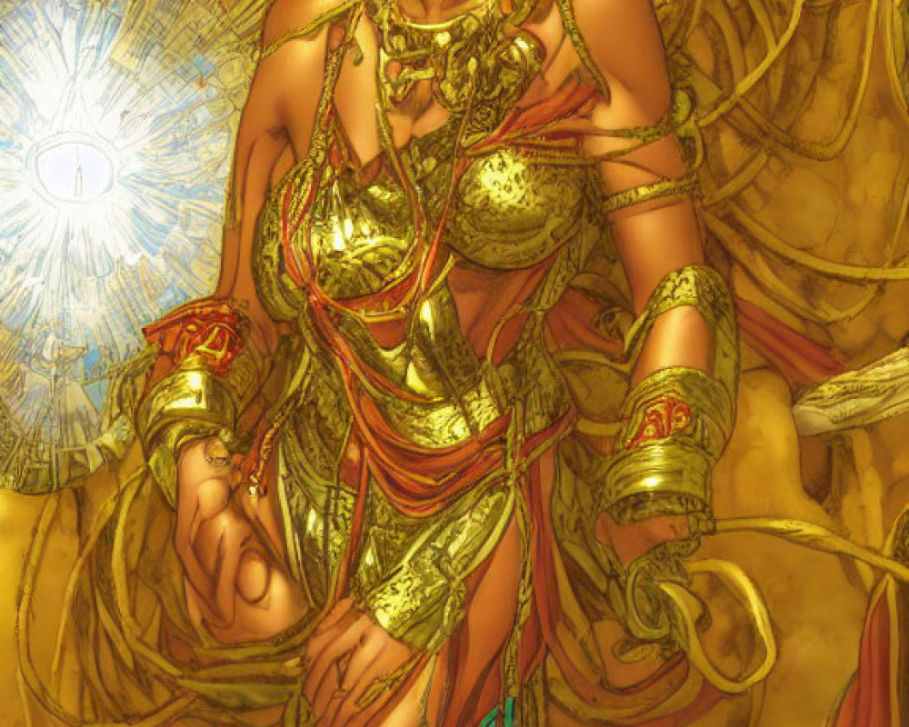 Regal Figure in Golden Attire with Sun Emblem Radiating Mystical Aura