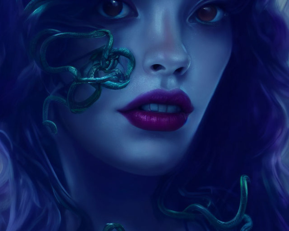 Digital artwork: Woman with purple tones, wavy hair, vibrant eyes, surrounded by swirling tendrils