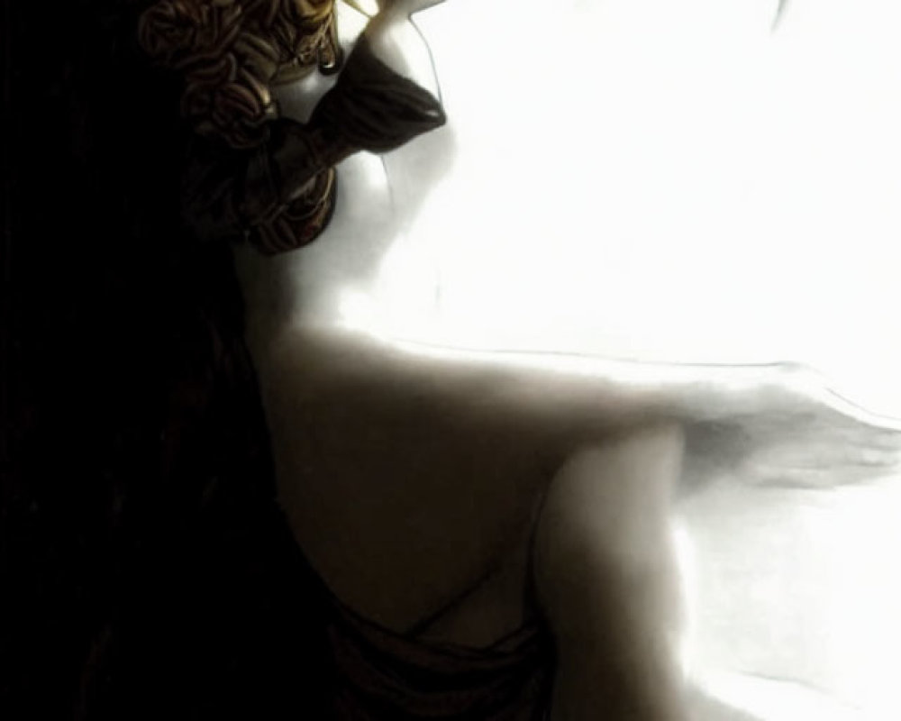 Stylized woman with intricate hair details in shadowy contrast.