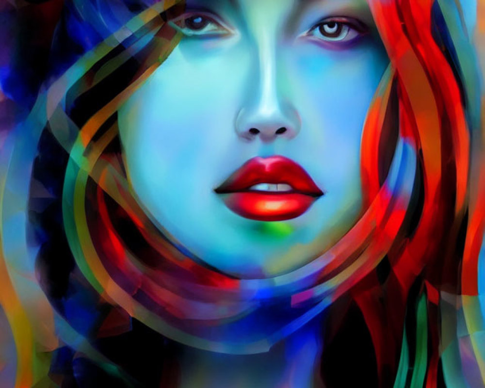 Vibrant digital portrait of a woman with swirling blue and red hues