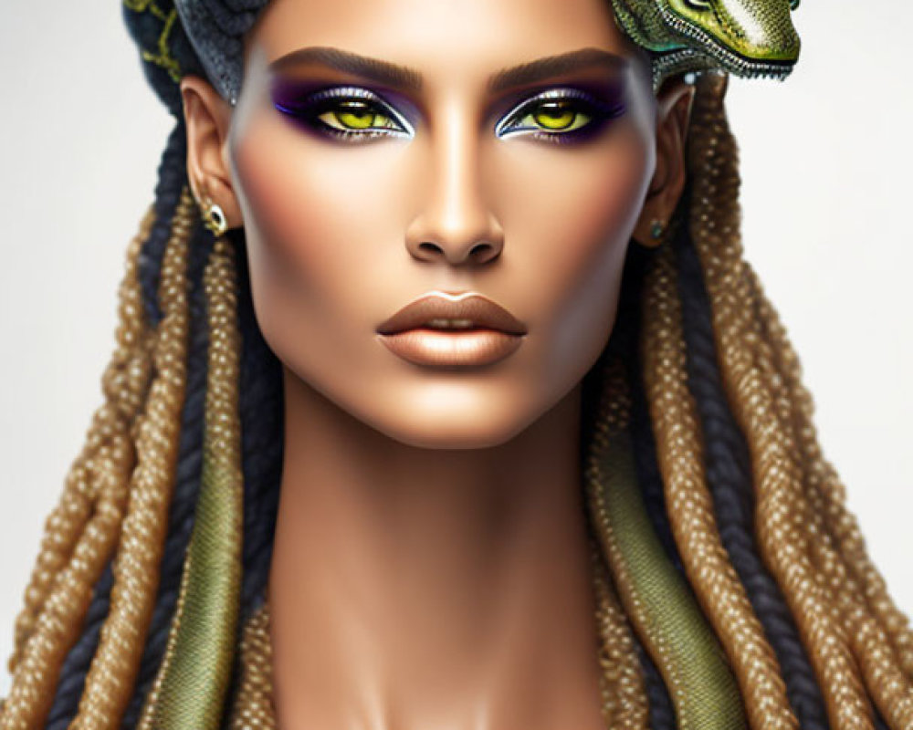 Woman with artistic makeup and snake braided hair in Medusa style