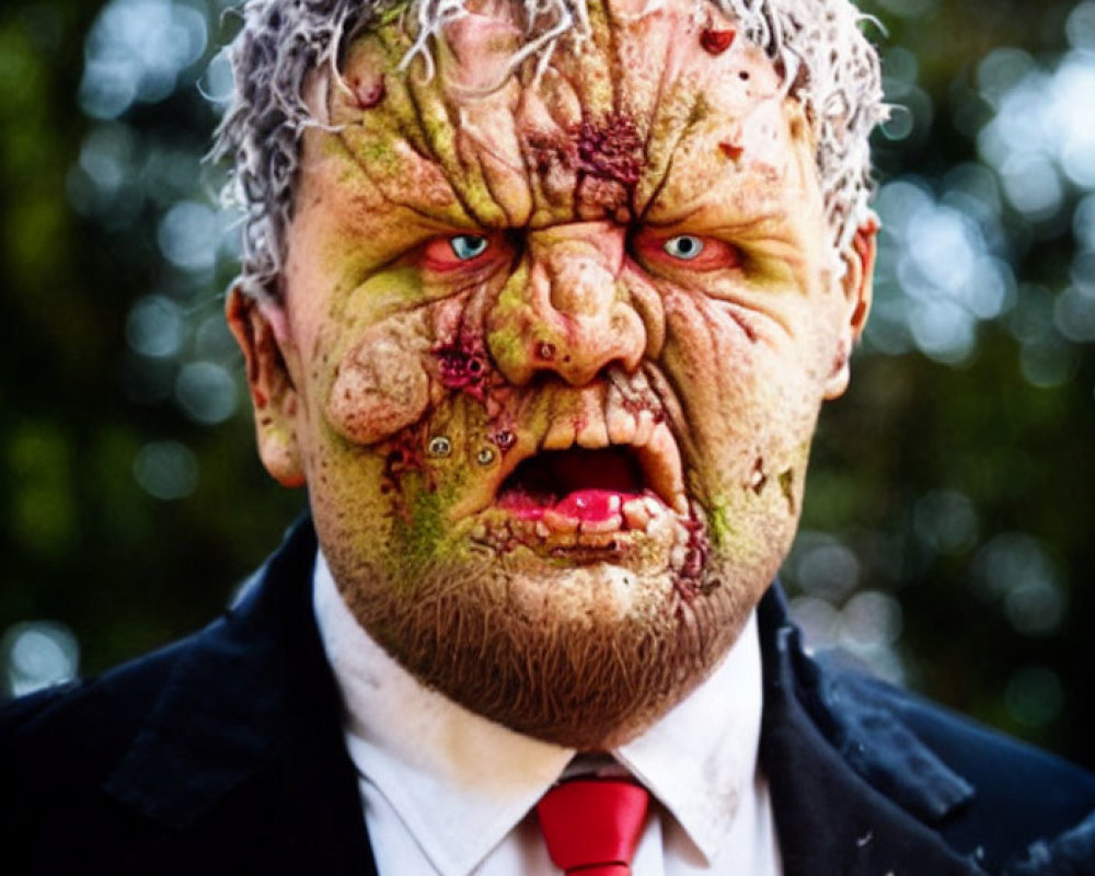 Person in gory monster makeup with disheveled suit and red tie