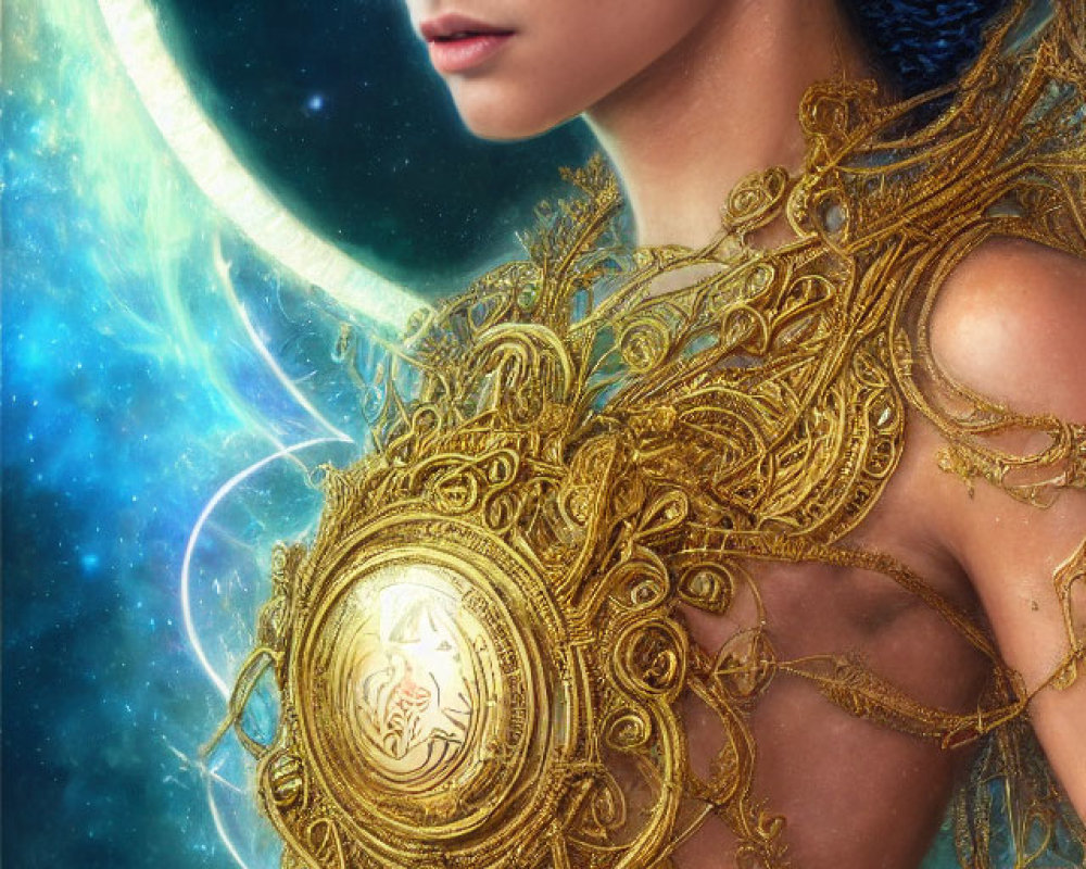 Elaborate Gold Armor and Headpiece Against Cosmic Backdrop