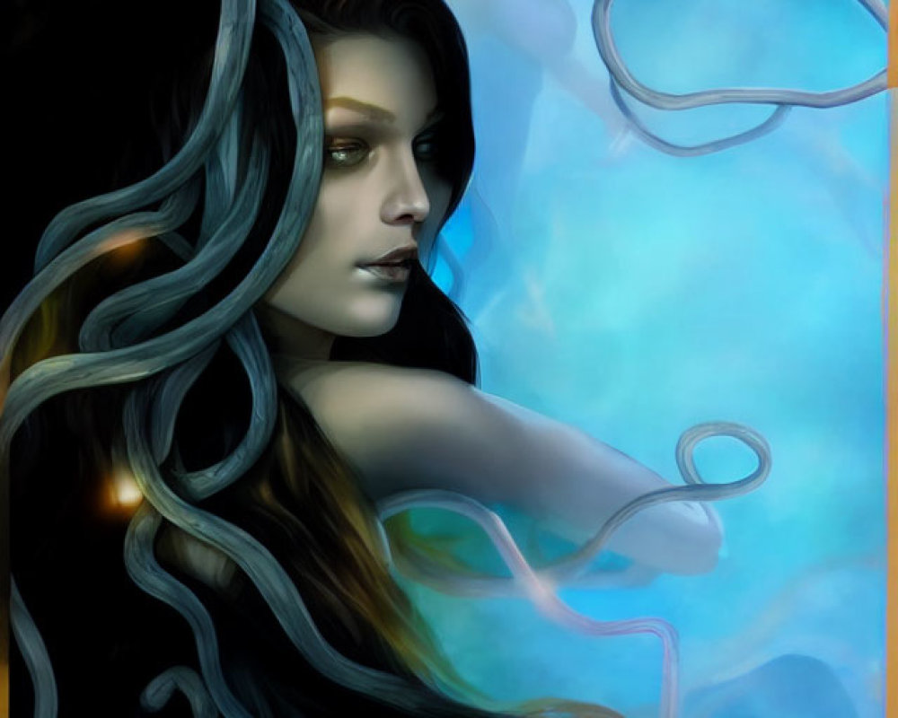 Digital painting of two mystical women with flowing hair - one with dark hair in foreground, one ghostly