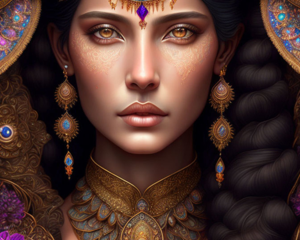 Woman adorned in ornate gold and blue jewelry with dark hair and serious expression