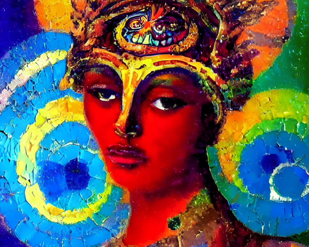 Colorful painting of figure with elaborate headdress and mystical third eye