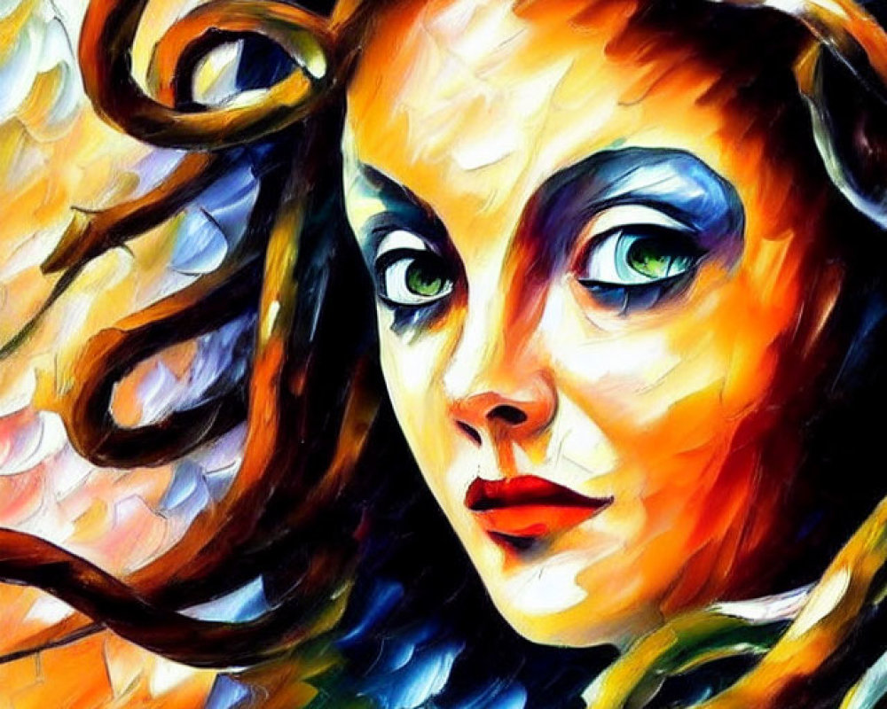 Colorful Expressionistic Painting of a Woman with Emphasized Features