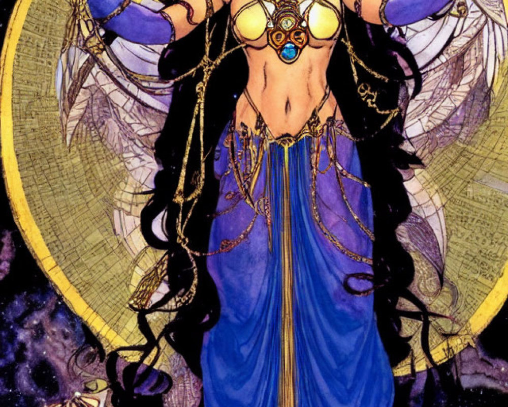 Illustrated woman in blue and gold costume on starry background