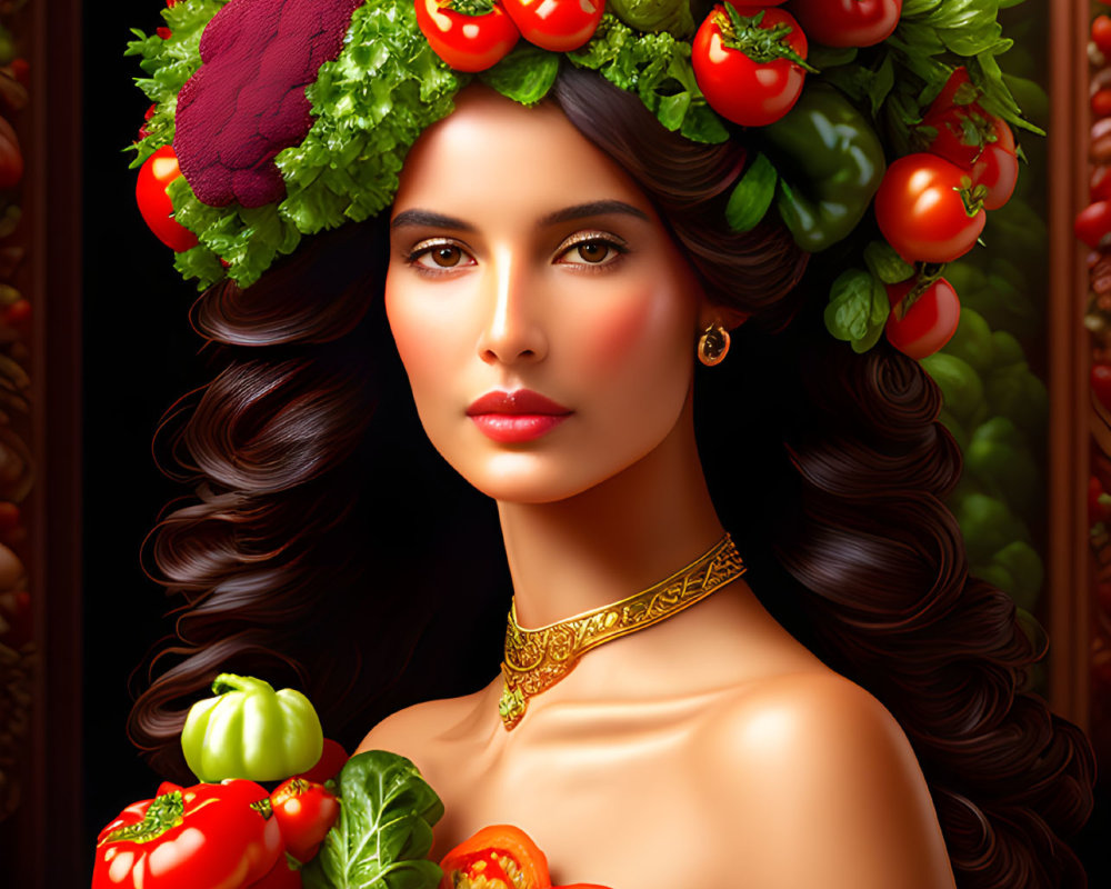 Colorful Vegetable Dress on Woman with Headdress