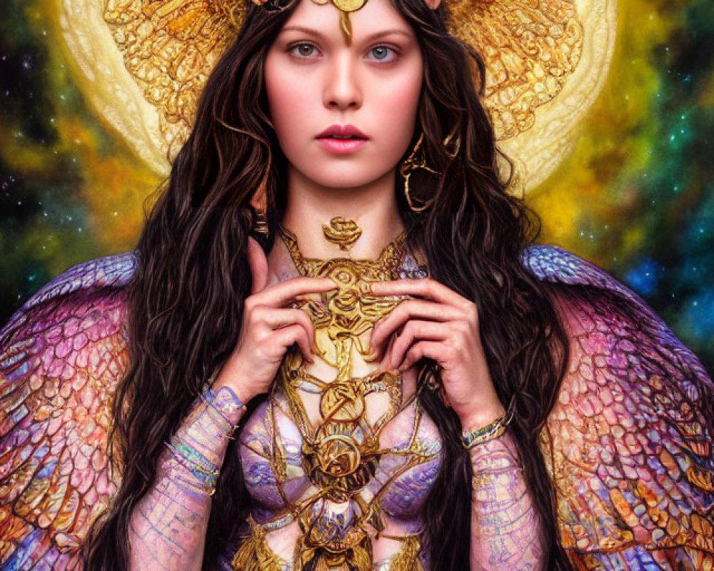 Fantasy portrait of a woman with celestial headdress and wing-like attire