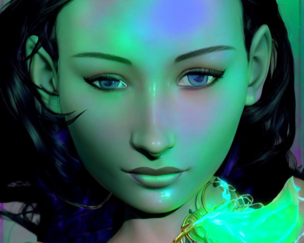 Teal-skinned woman with yellow eyes and black hair, adorned with a glowing green butterfly.