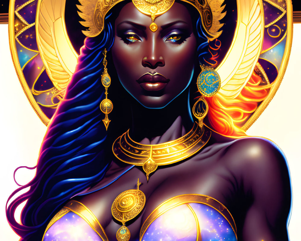 Majestic woman in celestial armor with cosmic body design