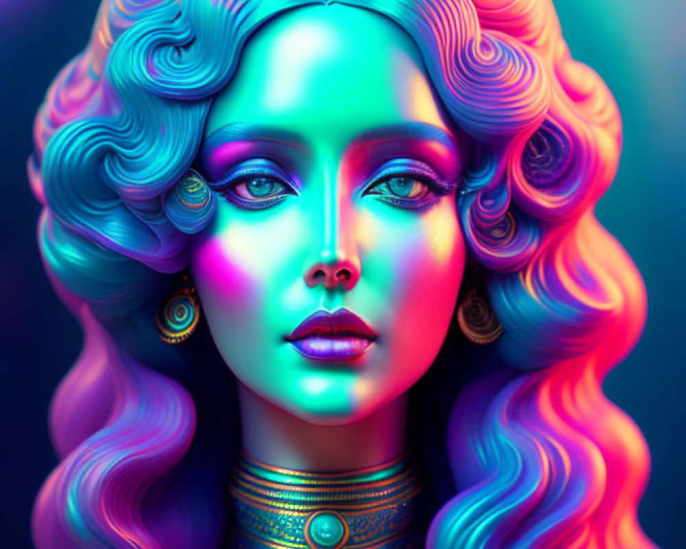 Colorful digital portrait of woman with flowing hair and ornate neck jewelry on neon backdrop