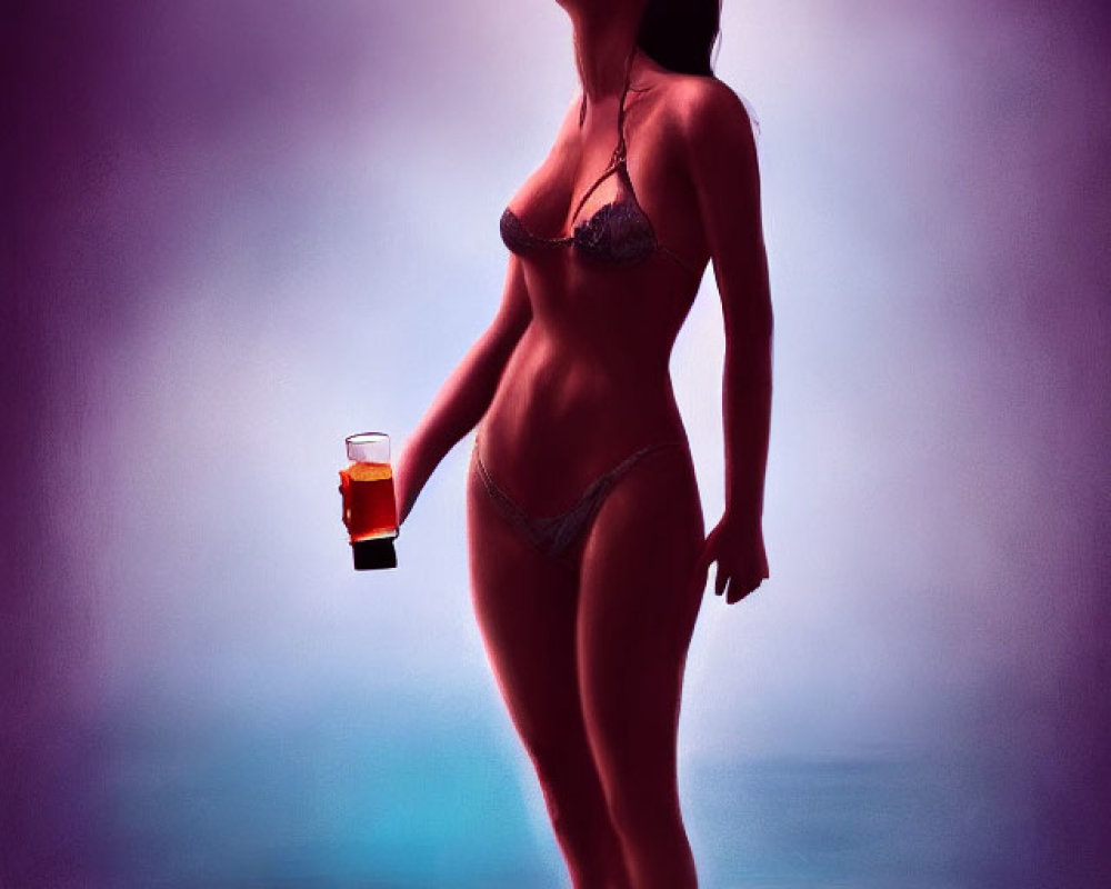 Digital artwork: Woman in bikini with beer, flames, fiery crown on purple background