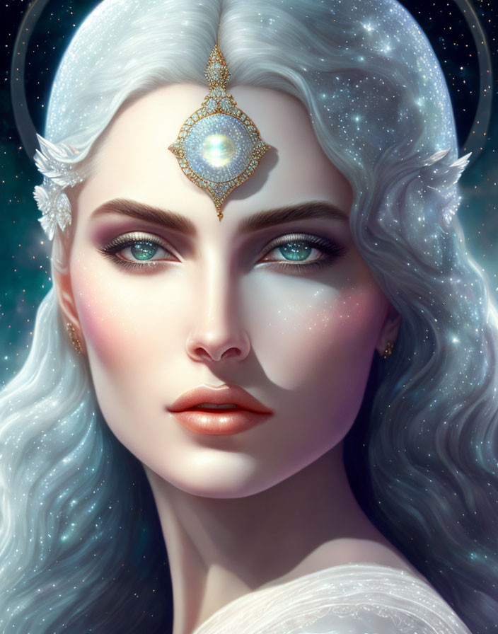 Fantasy character illustration with pale skin, blue eyes, ornate jewelry, white hair, and floral