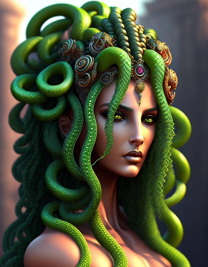 Green-skinned woman with snake-like hair and gold jewelry.