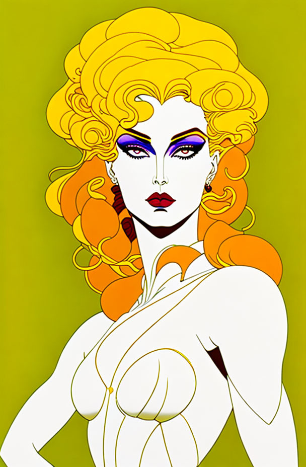 Illustration of woman with curly blonde hair and purple eyeshadow