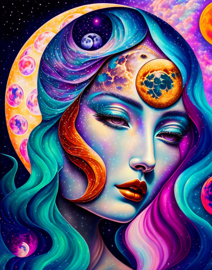 Colorful cosmic woman with space-themed hair in galaxy backdrop.