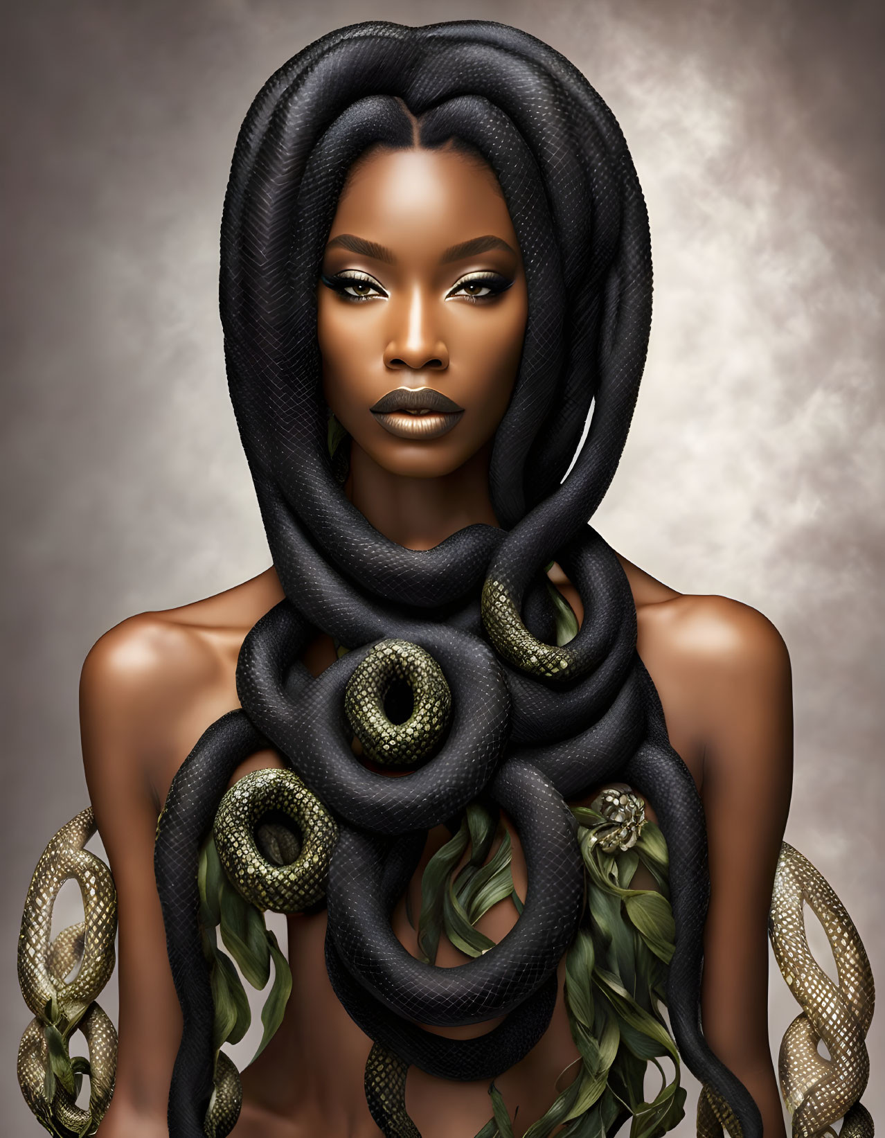 Digital Artwork: Woman with Serpent-like Hair Surrounded by Snakes