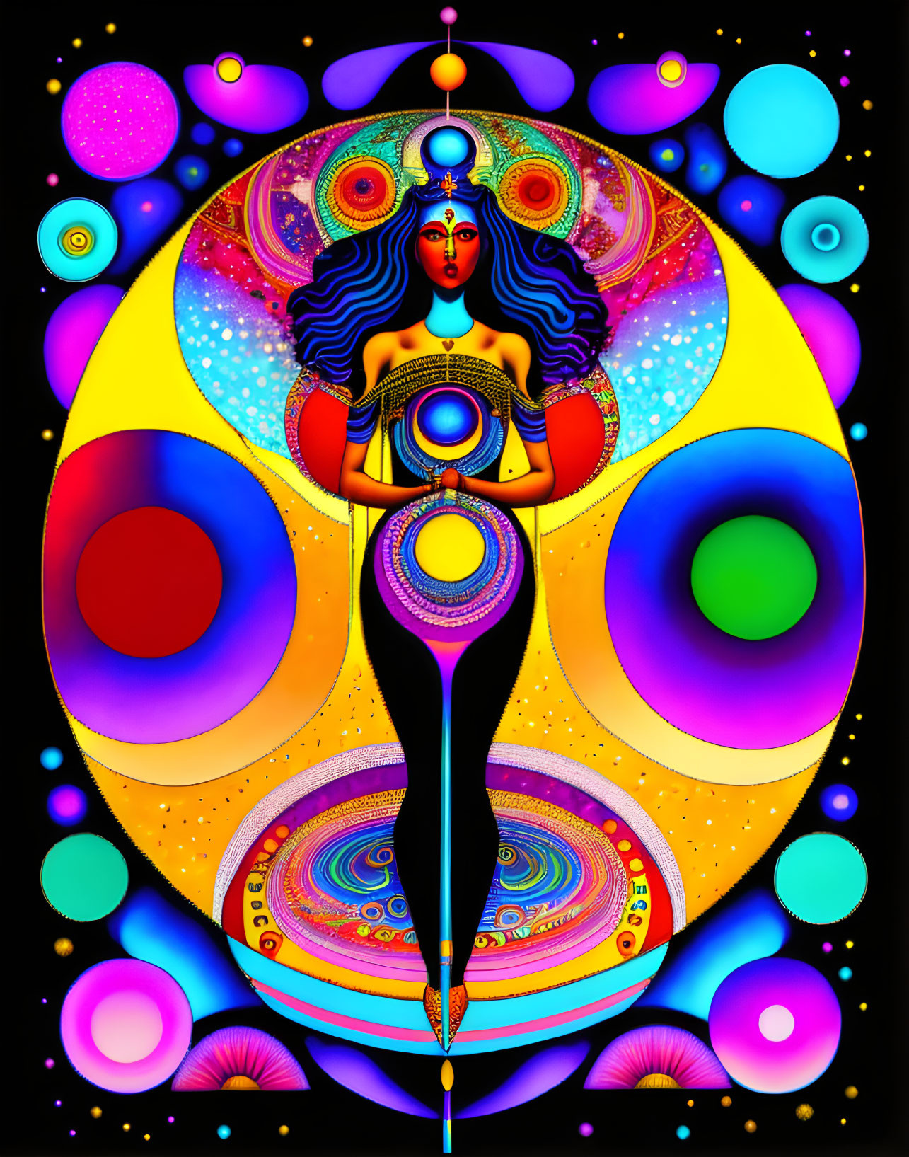 Colorful psychedelic artwork with central female figure and abstract patterns evoking cosmic vibe