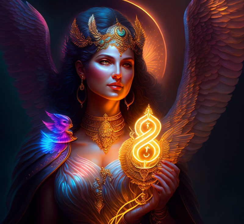 Mystical woman with large wings and golden headdress holding luminous artifact