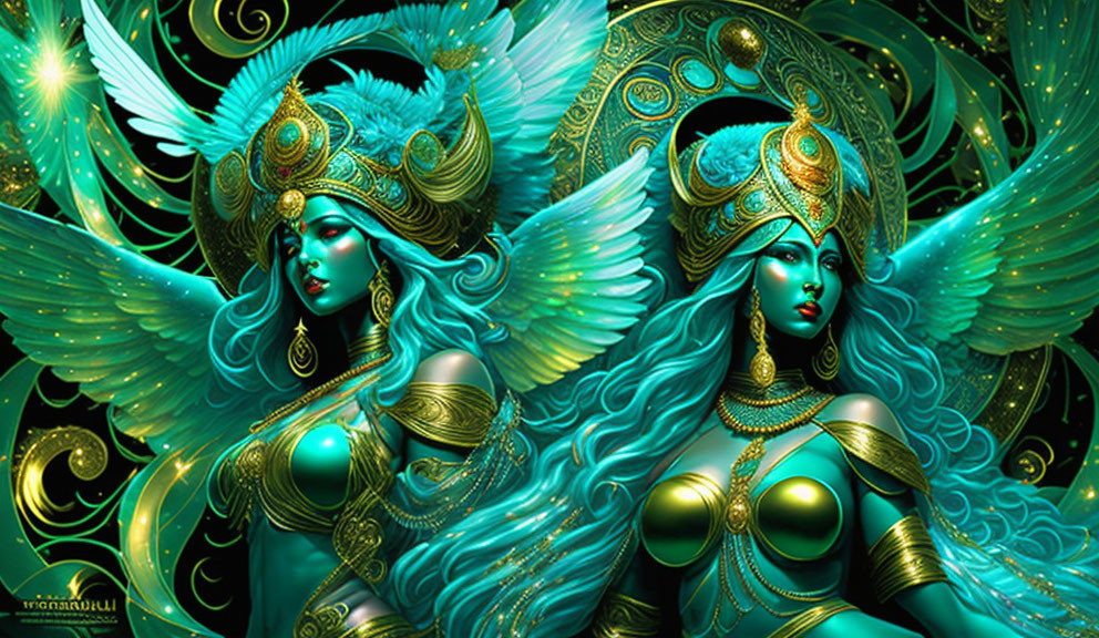 Mythical female figures with blue skin and golden headdresses on dark green backdrop