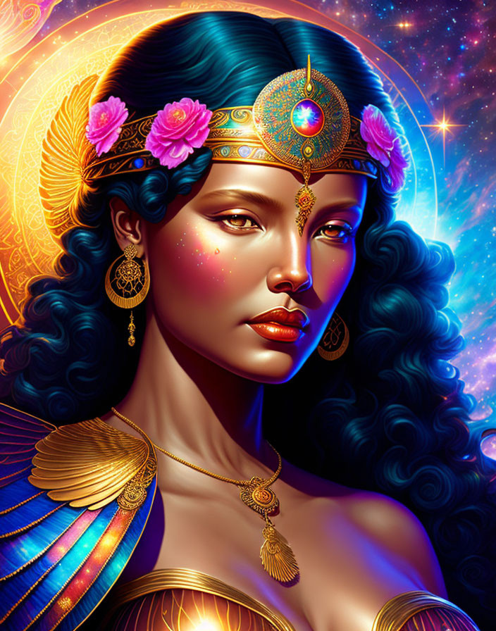 Illustrated woman with blue hair and ornate jewelry on cosmic background