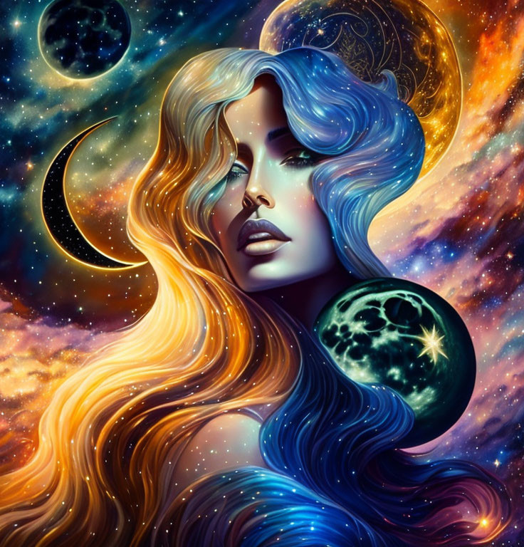 Celestial-themed illustration of a woman with galaxy hair and stars.