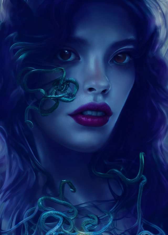 Digital artwork: Woman with purple tones, wavy hair, vibrant eyes, surrounded by swirling tendrils