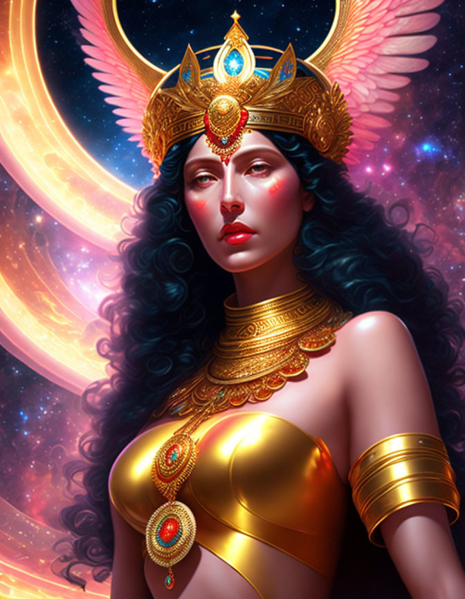 Regal figure with dark hair in ornate golden headgear against cosmic backdrop