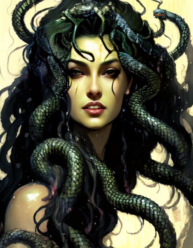 Digital portrait of Medusa with snake hair and mesmerizing gaze, detailed scales.