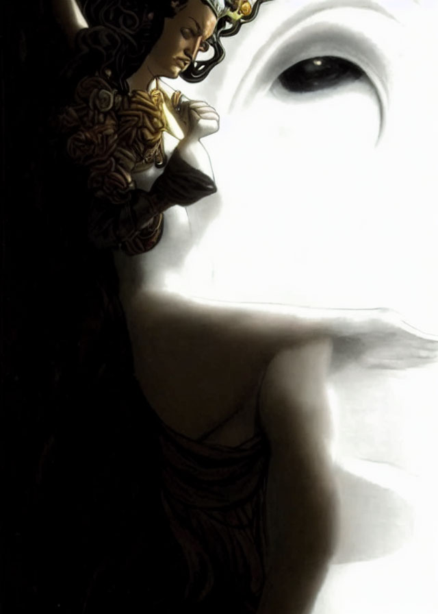 Stylized woman with intricate hair details in shadowy contrast.