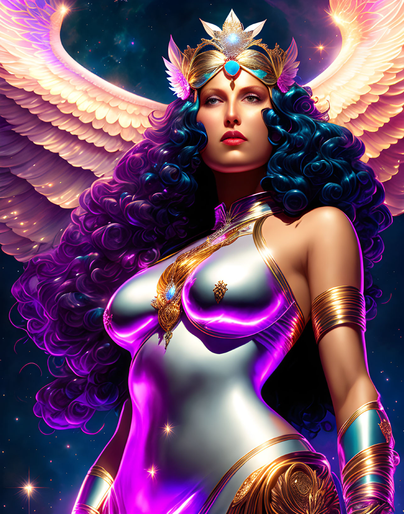 Colorful woman with blue hair, angel wings, and cosmic backdrop.