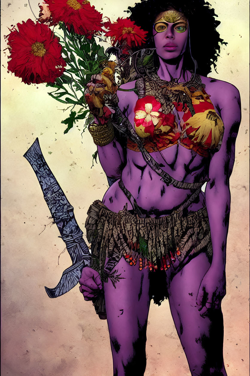 Warrior woman with floral attire and sword holding red flowers