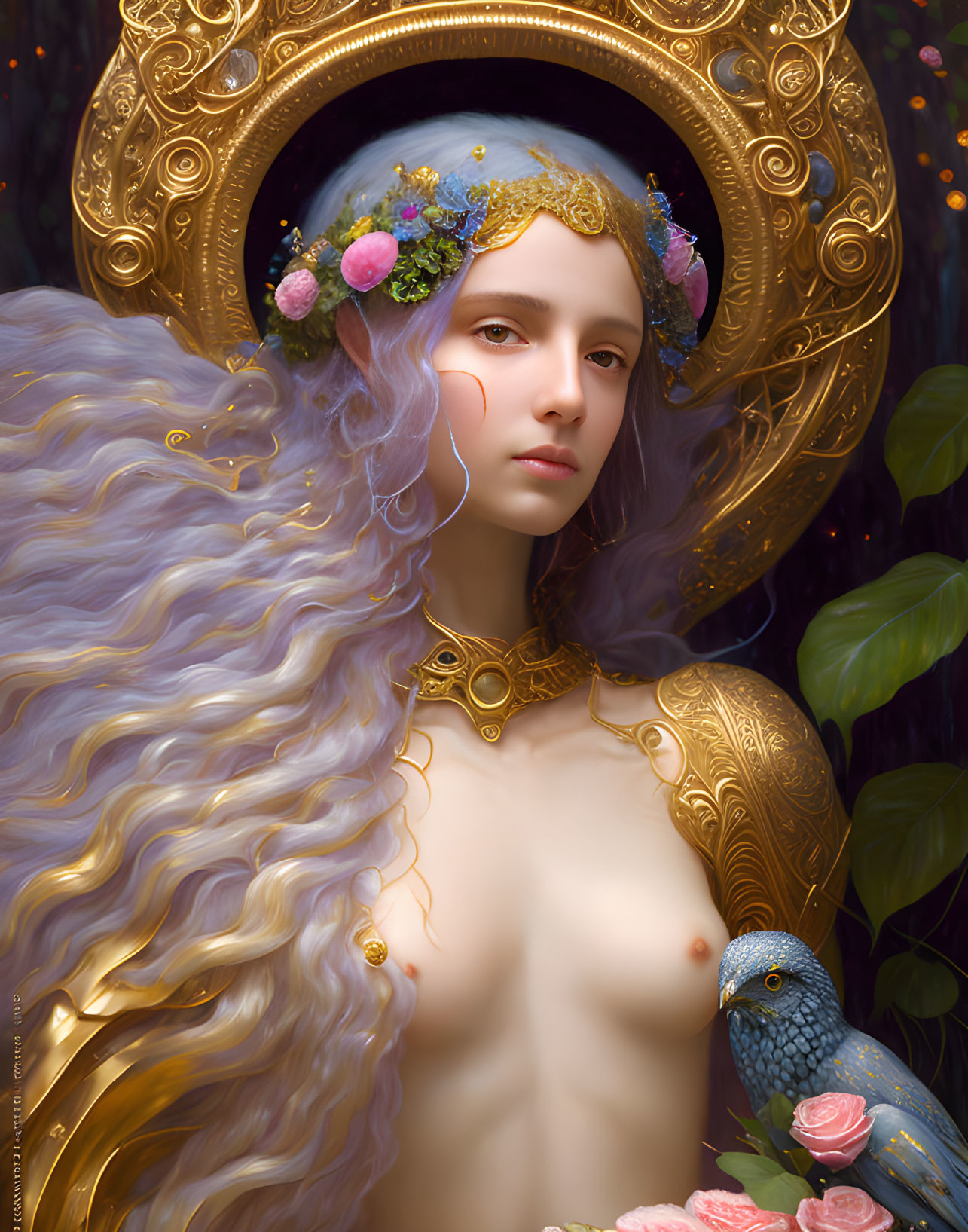 Digital painting of woman with lavender hair and golden halo, adorned with flowers and accompanied by blue bird.