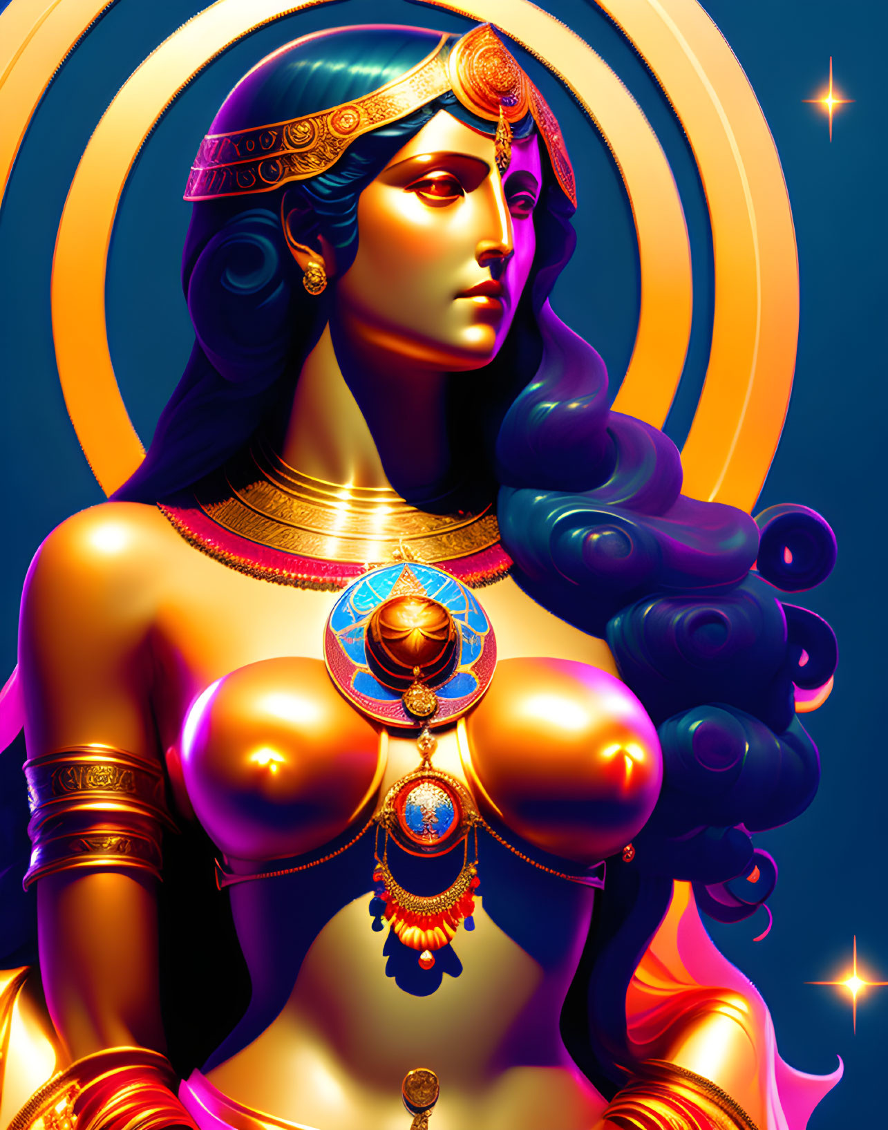 Colorful digital artwork of a woman adorned in intricate golden jewelry and headpiece with a glowing halo,