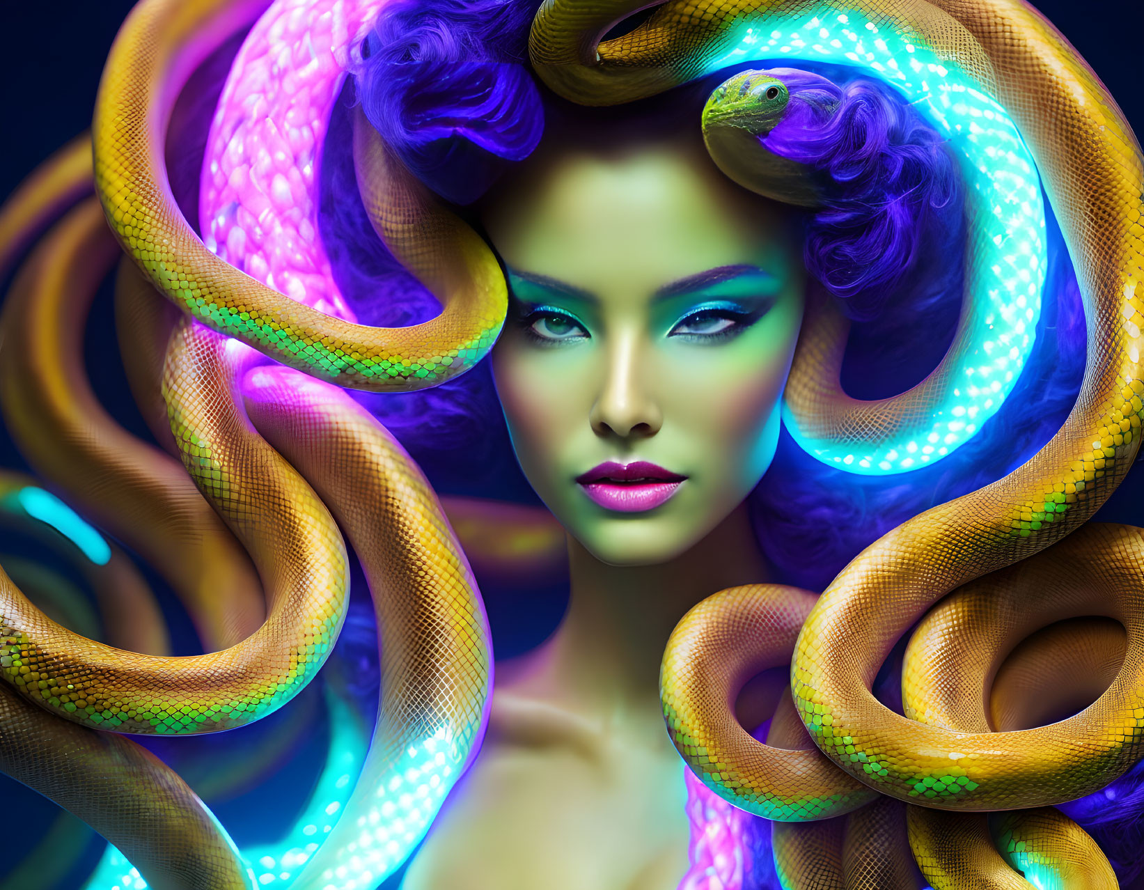 Vibrant purple hair and neon snakes in colorful portrait