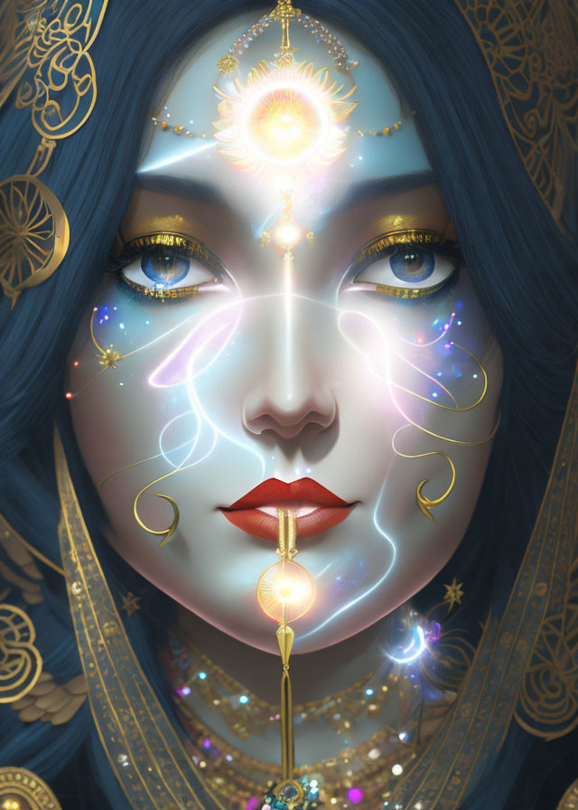 Blue-skinned female portrait with mystical symbols and celestial motifs