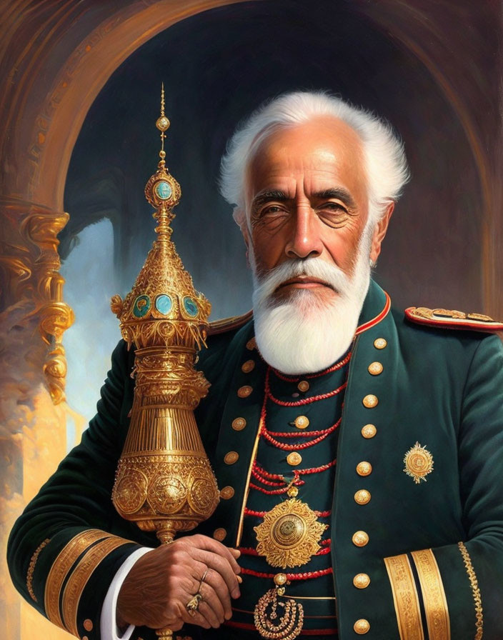 Elder man in ornate military uniform with white beard and medals by archway