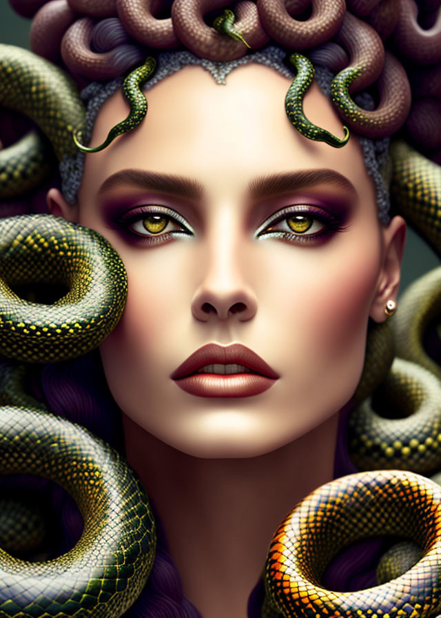 Vivid colored digital artwork of woman with snake headdress