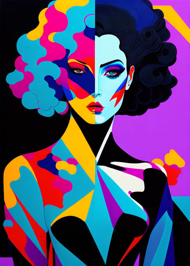 Colorful Pop Art Portrait of Woman with Multicolored Skin and Geometric Shapes