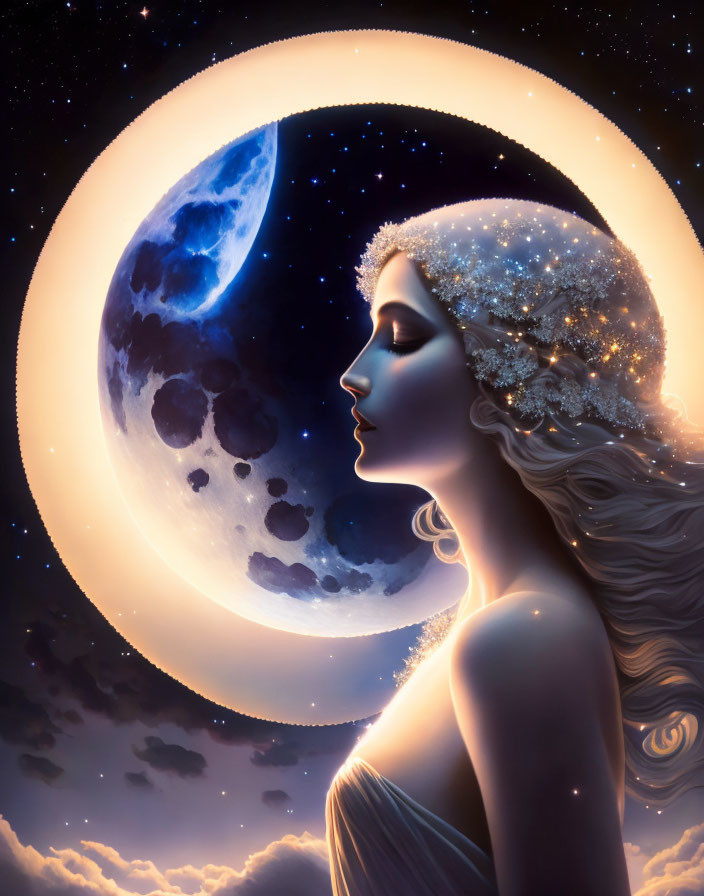 Celestial-themed female figure with crescent moon and stars