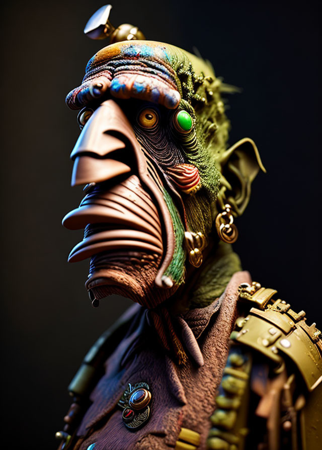 Intricate figurine of fantastical bird creature with golden earrings and ornate armor