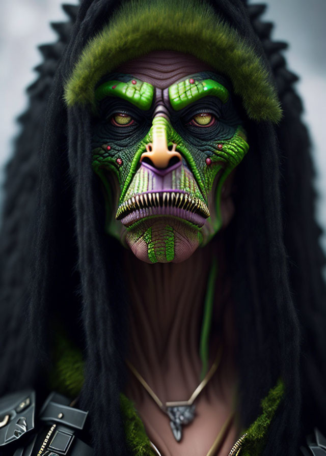 Detailed Green Reptilian Humanoid with Red Eyes and Black Dreadlocks