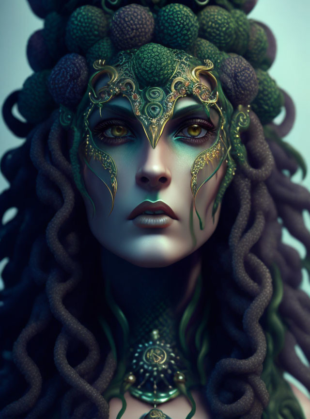 Fantastical portrait of a woman with green and gold headpiece and regal makeup